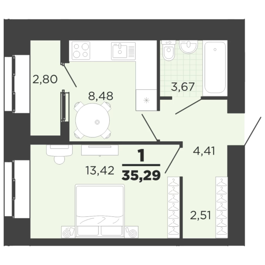1-ая квартира 35.29 м2 с отдельной гардеробной